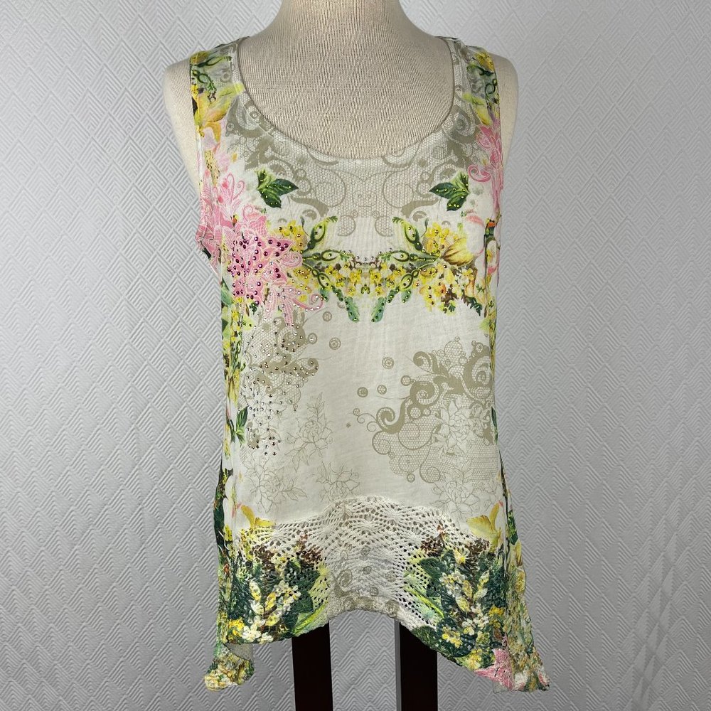 New Directions Womens Handkerchief Tunic Tank Top Crochet Hem Floral Size XL